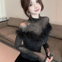 Áo phông đính đá mới mùa thu áo dài tay chấm bi lưới khí chất phong cách Pháp cho nữ