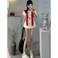 Áo Phông Màu Trơn Kiểu Hàn Quốc Hot Mùa Hè Bộ Hai Chiếc Váy Ngắn Tôn Dáng Gầy Cạp Cao Khăn Choàng Màu Đỏ