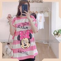 Áo phông Mickey cổ tròn kẻ ngang áo thun hồng chất cotton mát áo thun nữ cao cấp thấm hút mồ hôi thoáng khí thoải mái