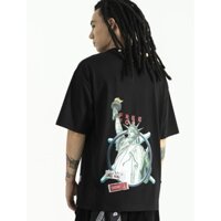 Áo phông nam nữ Canifa Z oversize form rộng tay lỡ in hình Nữ thần tự do mà đen trắng xám - 5TS22S029