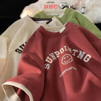 Áo Phông Nam Nữ Form Rộng NHC Unisex Thêu Chữ Nổi SUNPOINTNG Áo Thun Tay Lỡ Dệt Tổ Ong Coton 100%