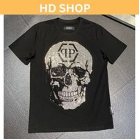 Áo Phông Nam Nữ Premium Cotton Philipp Plein Thêu Logo Kim Loại sau lưng in kim tuyến đầu lâu chữ qp boy phố