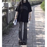 Áo phông ngắn tay 100% cotton in chữ oversize màu đen thương hiệu quốc gia áo cộc tay phong cách lười bf rộng rãi mùa hè cho nữ CLQH