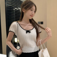 Áo phông ngắn tay dệt kim Lụa băng ren thắt nơ vai chính kiểu Mỹ Áo kiểu ngắn hở rốn HOT GIRL tôn dáng mùa hè cho nữ