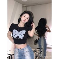 Áo phông ngắn tay in hình bướm màu đen áo hở rốn tôn dáng gầy tôn dáng cạp cao Phong Cách Hot Girl mẫu mới mùa hè