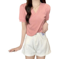 Áo phông ngắn tay lụa băng quần áo tôn dáng gầy dễ phối bất thường cổ chữ V chéo cảm giác thiết kế mẫu mới mùa hè cho nữ