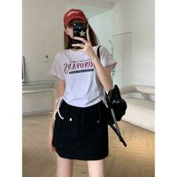 Áo phông ngắn tay nữ mẫu mới mùa hè áo mặc trong xếp ly in chữ mẫu ngắn Áo khoác dạ vui vẻ phối với 5CUO