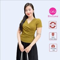 Áo phông nhún cổ tim màu RÊU chất cotton nhật co giãn thoải mái Evalover