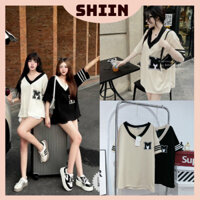 Áo Phông Nữ Áo Nữ Cổ Tim Chữ M Tay Sọc Ngang Viền Đen Form Rộng Freesize