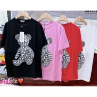 Áo phông nữ dáng suông đính đá, áo thun nữ in hình con gấu xinh xắn - chất liệu 100% cotton mềm mịn, không nhăn nhàu