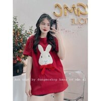 Áo phông nữ form rộng thêu thỏ, áo thun nữ tay lỡ hot 2023