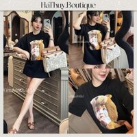 Áo Phông Nữ Màu Đen Cổ Tròn In Hình Chú Bé Mặc Đồ Gấu Áo Thun Chất Cotton Dáng Rộng Freesize