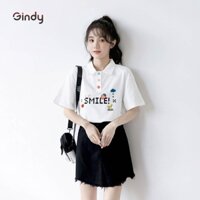 Áo phông nữ polo GINDY Smile áo thun nữ cổ bẻ cotton tay lỡ basic phong cách unisex thời trang Hàn Quốc A8108