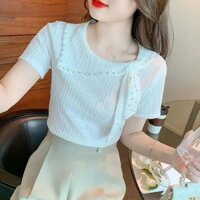 Áo phông nữ tay ngắn đính cườm cổ tròn không đều viền bèo kiểu dáng mới mùa hè cao cấp