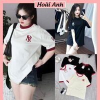 Áo Phông Nữ Thêu Nổi NY Phối Bo Dệt Dáng Rộng Thụng Áo Thun Nữ Ngắn Tay Freesize