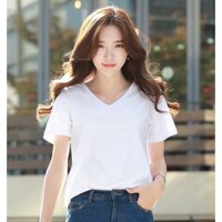 Áo Phông Nữ  Trơn Cổ Tim Ngắn Tay Dáng Suông Cotton Basic đẹp Trắng Cao Cấp, áo Thun Nữ Cổ V Cộc Tay đen