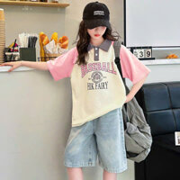ÁO PHÔNG POLO BASEBALL MIX QUẦN JEAN NGỐ CHO BÉ GÁI