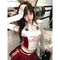 Áo phông ren ngọt ngào cay kiểu Mỹ ba lê thuần túy sang trọng Áo polo tôn dáng gầy bó sát đầu thu cho nữ áo hở rốn trẻ trung