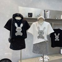 Áo phông thỏ đính đá, hình thỏ đính kim sa dành cho nữ hàng cao cấp 2 màu đen-trắng,5-2, mã 024, feesize giá 750k