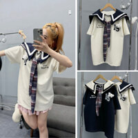 Áo phông thủy thủ học trò phối khăn quàng kẻ sọc caro, áo thun đính gấu bông số 15 chất liệu cotton