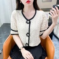 Áo phông voan ren rỗng ngắn tay cổ chữ V Mẫu Mới Mùa Hè phiên bản Hàn Quốc Áo sơ mi kiểu Tây nữ ôm dáng dễ phối rộng rãi giản dị