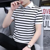 Áo polo cổ lọ nam tay ngắn, áo thun sọc đen trắng, tay ngắn mỏng, áo mùa hè nam cổ cotton nguyên chất