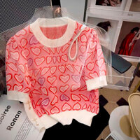 Áo polo cộc dệt kim nhũ bling hoạ tiết, kết đá phong cách Hàn Quốc