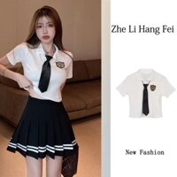 Áo polo đồng phục ZHELIHANGFEI tay ngắn có cà vạt thiết kế quyến rũ thời trang cho nữ