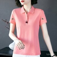 Áo polo hồng cho phụ nữ, tay ngắn, mùa hè mới 2025, dáng ôm, cổ gập, tay nửa, áo cho người trung niên