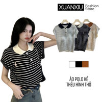 Áo Polo Len Cổ Bẻ, Áo Tay Hến Kẻ Ngang Thêu Thỏ Chất Mongtoghi XUANXIU_fashion AH2601