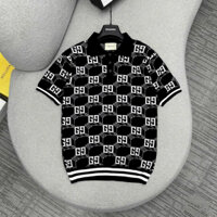 Áo polo len nam nữ cổ bẻ Gờ Cê dệt bo viền sọc trắng thân hoạ tiết chữ nối nhau monogram