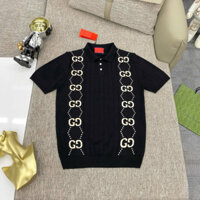 Áo polo len nam nữ cổ bẻ hai bên ngực dệt vạch chữ nối nhau