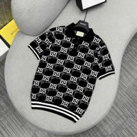 Áo polo len nam nữ cổ bẻ PB vải len dệt hoạ tiết vân chữ xích chéo monogram bo ống dày dặn boy phố