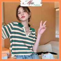 Áo polo len nữ cổ bẻ kẻ ngang năng động MS667