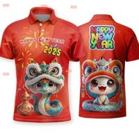 Áo Polo Năm Mới Cho Nam Nữ Áo Sơ Mi Đỏ 2025 Họa Tiết Rắn Tay Ngắn Nút Henley Áo Ngày Lễ Thường Ngày Cao Cấp