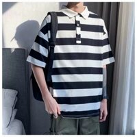 Áo POLO nam nữ tay lỡ sọc ngang bảng to, Áo thun polo unisex form rộng Zozo_unisex