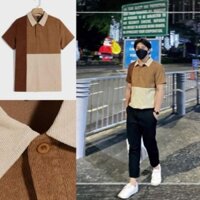 Áo polo nam phối kẻ nâu