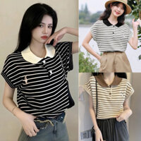 Áo polo nữ cổ bẻ, áo tay hến dệt kim kẻ ngang thêu thỏ chất mongtoghi CHUCHU AH2601