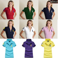 Áo polo nữ màu trơn 5 nút thêu RL Ralph Lauren, nhãn Malaysia, áo polo tay ngắn, vải cotton nguyên chất