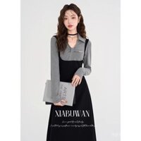 Áo polo nữ phong cách Pháp cao cấp giả hai mảnh, dáng ôm, mùa thu đông, váy dài ôm sát 2025