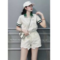 Áo polo nữ trắng cổ xanh, áo thun nữ polo trắng phong cách thể thao - TRẮNG - s<55kg