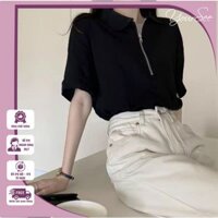 Áo polo nữ YourSee form rộng, Áo polo nữ màu đen chất tổ ong cotton mềm mịn phối khóa