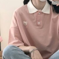 Áo Polo Unisex Form Rộng Thêu Gấu Dễ Thương Áo Phông Có Cổ Tay Lỡ Cotton Lạnh Polo Nam Nữ Phong Cách Hàn Quốc