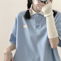 Áo Polo Unisex Form Rộng Thêu Gấu Dễ Thương Áo Phông Có Cổ Tay Lỡ Cotton Lạnh Polo Nam Nữ Phong Cách Hàn Quốc