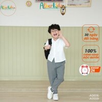 Áo quần bé trai mặc đi học ALBERKIDS áo cộc tay sọc gân, quần baggy xám trẻ em 5,6,7,8,9,10,11,12 tuổi [A0606, A0559]
