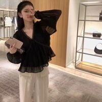 Áo ren cao cấp kiểu Pháp cho phụ nữ, áo chiffon dài tay cổ V buộc dây độc đáo cao cấp mùa thu, áo khoác ngoài IRND