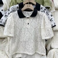 Áo ren cổ sen đen 2 cúc bọc 9183