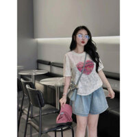 Áo ren cổ tròn hình trái tim hồng chữ siêu xinh
