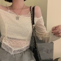 Áo ren hở vai hai dây croptop sexy tay dài dành cho nữ AK42