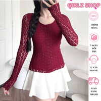 Áo Ren Hoa Kiểu Nữ Tay Dài Cổ Tròn Xuyên Thấu Có Lót Ôm Body GIRLZ SHOP, Áo Kiểu Nữ Ren Xốp 3 Màu Đen Trắng Đỏ Nữ Tính -
